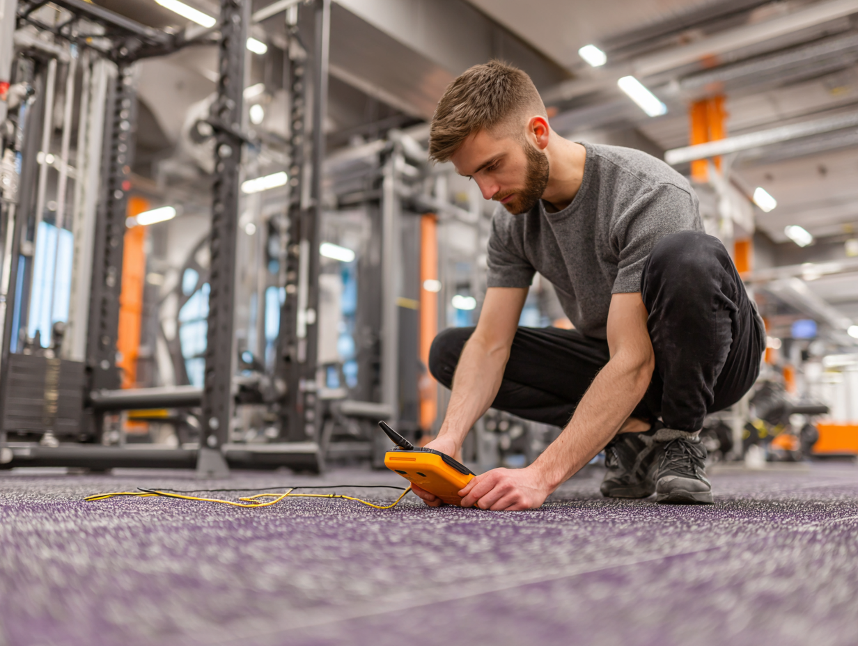 Acoustic engineer measuring impact noise levels on gym floor with vibration meter